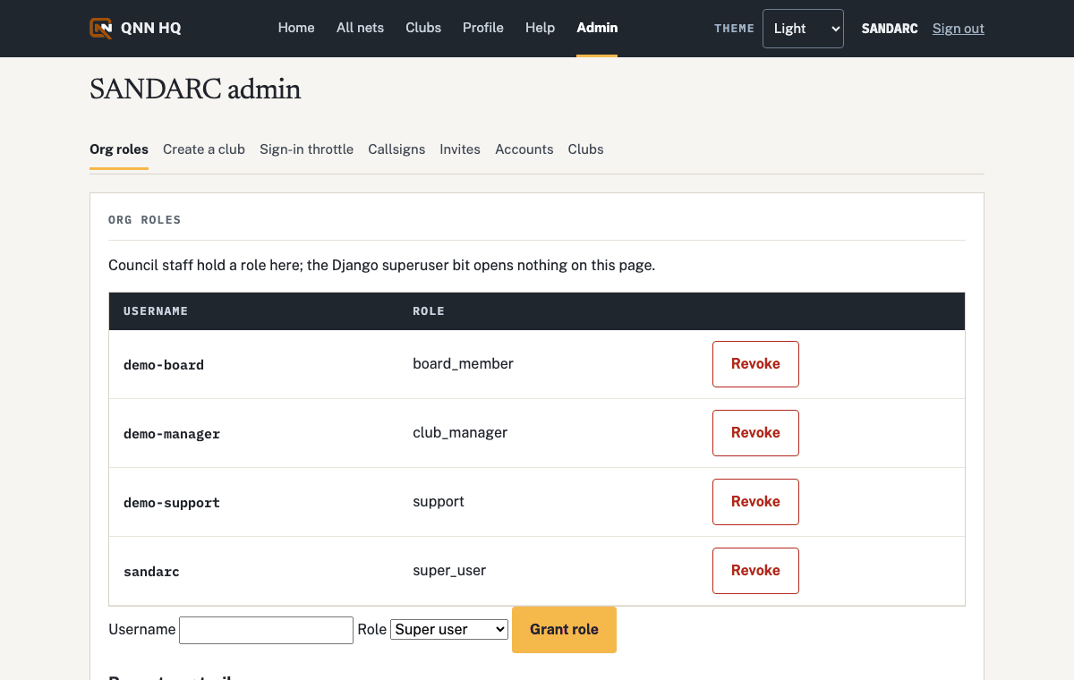 The SANDARC admin page with its section index: org roles, create a club, sign-in throttle, callsigns, invites, accounts, clubs