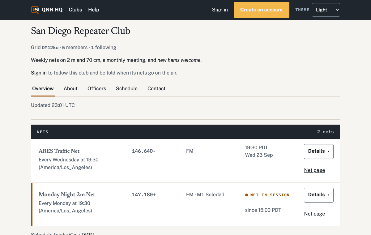 A club's public page with its logo, facts, its own front page text and its nets