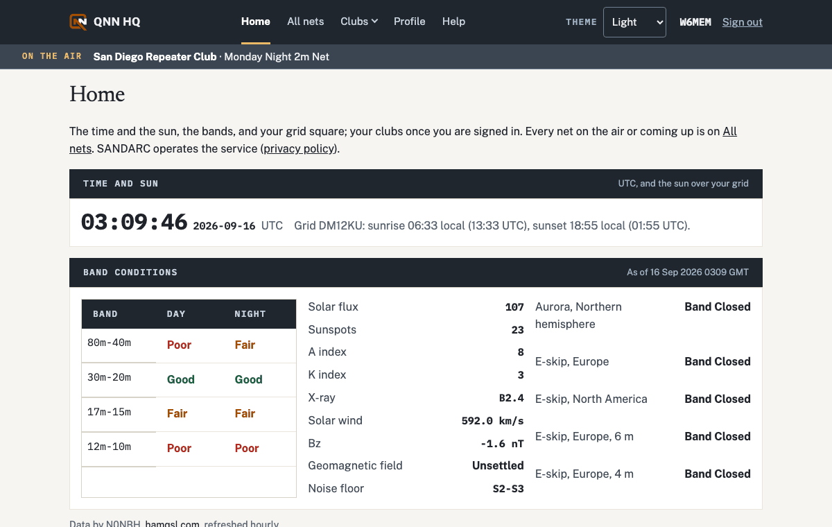 The signed-in home page: the nets on the air, then a card per club, the clubs you follow, and your recent check-ins
