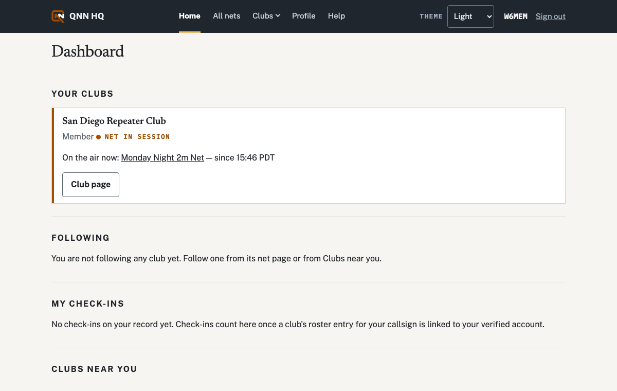 The signed-in dashboard: a card per club, the clubs you follow, and your recent check-ins