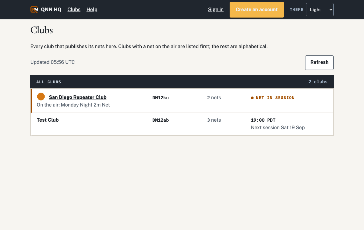 The club directory: one row per club with its grid square, net count and next session