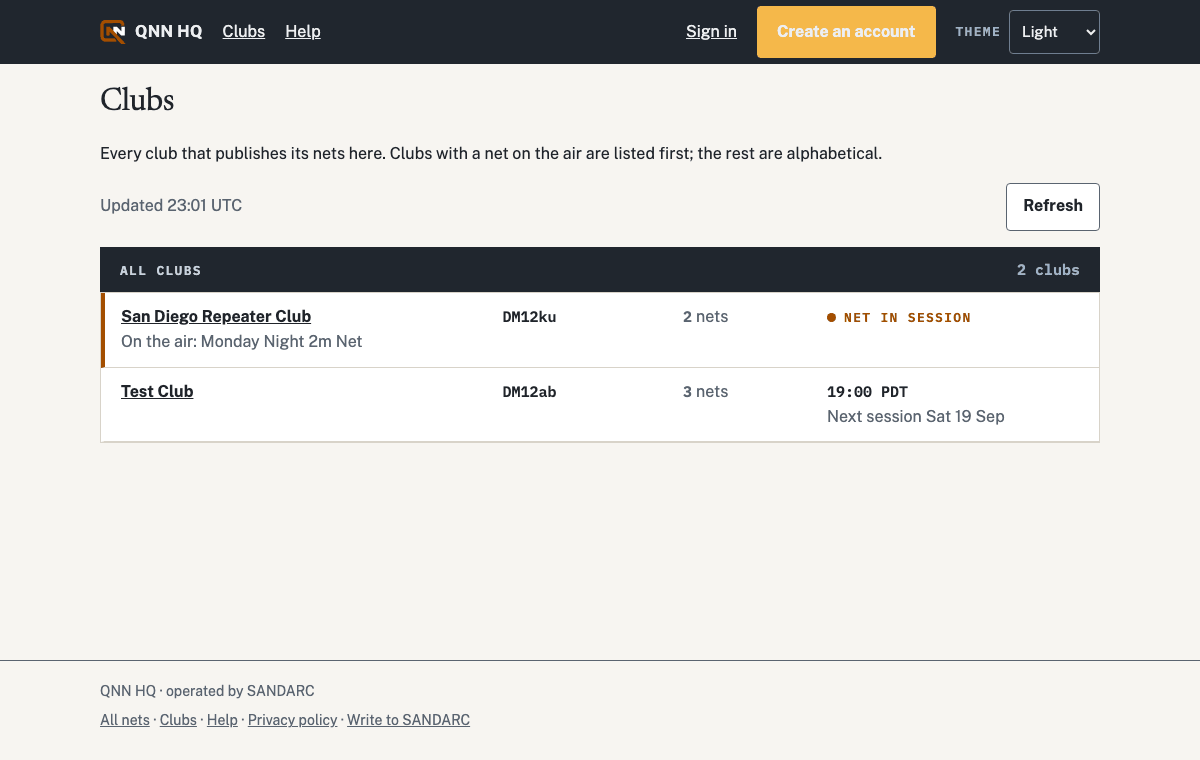 The club directory: one row per club with its grid square, net count and next session