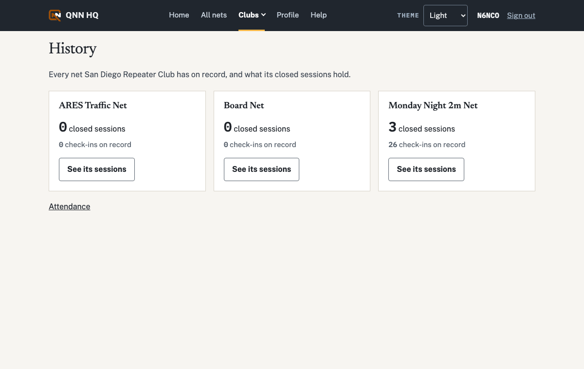 History: one block per net with its session and check-in counts