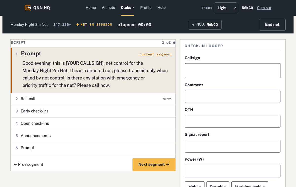 A live net: the script pane, the check-in log with the callsign field, and the elapsed time in the header bar