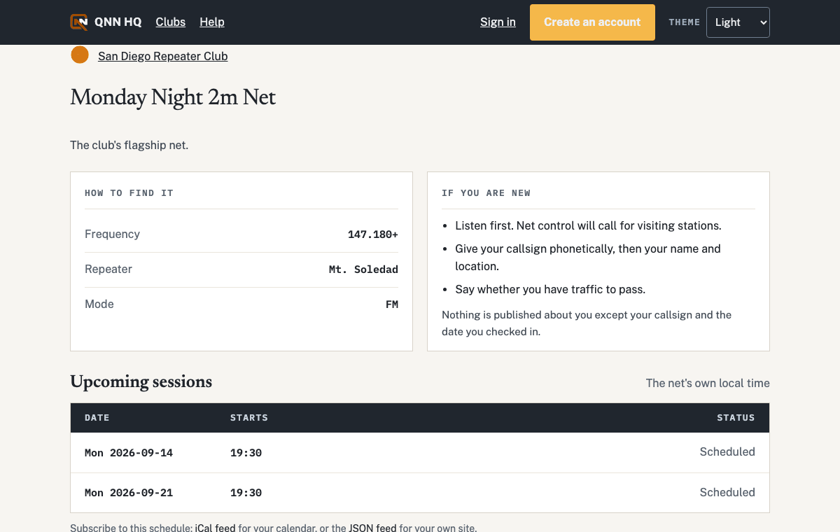 A net's public page with its frequency, how to check in, and the schedule board