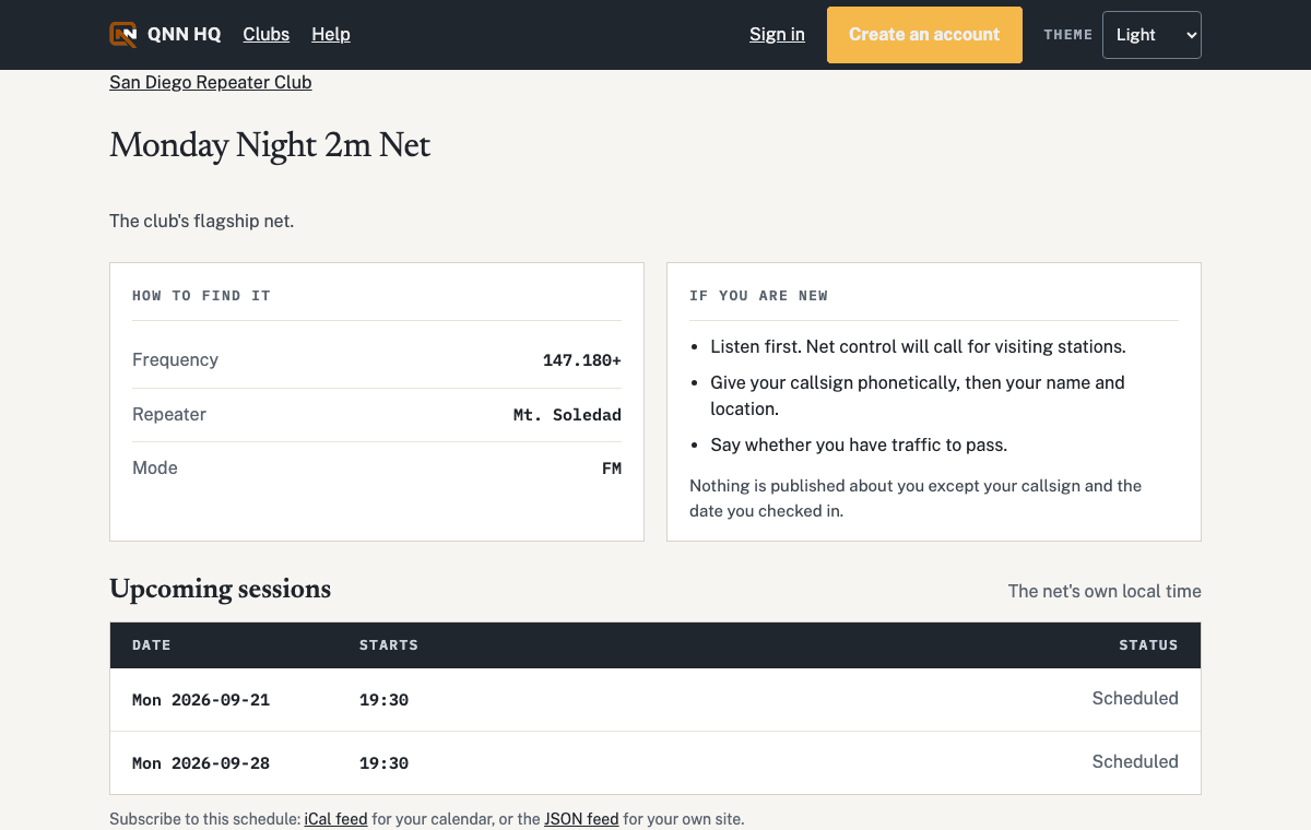 A net's public page with its frequency, how to check in, and the schedule board