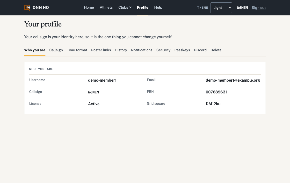 The profile page with its section index: who you are, callsign, time format, notifications, security