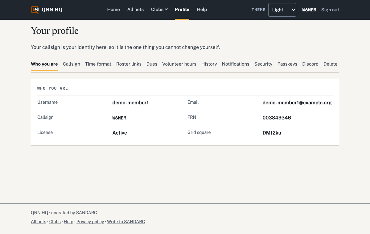 The profile page with its section index: who you are, callsign, time format, notifications, security