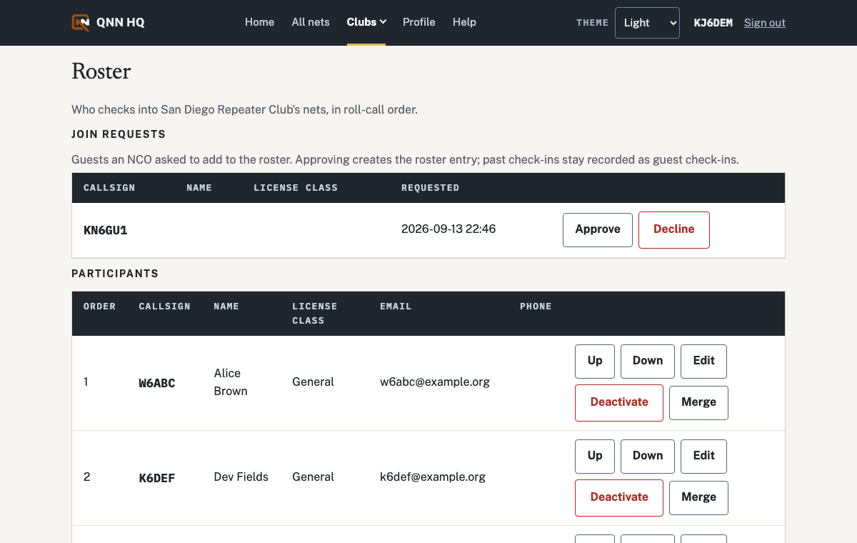 The club roster: callsigns and names, with add and edit controls