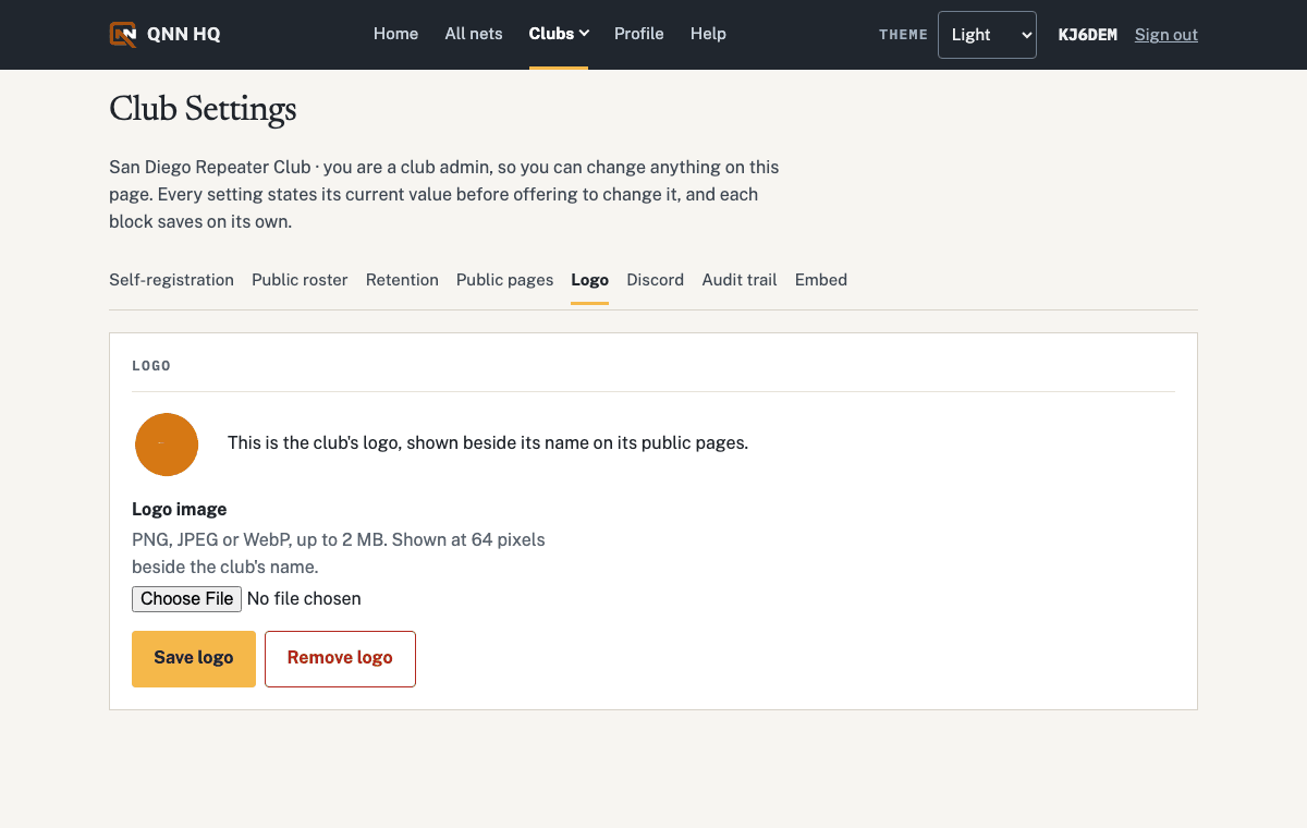 Club Settings with its section index: self-registration, public roster, retention, public pages, logo, Discord, audit trail, embed