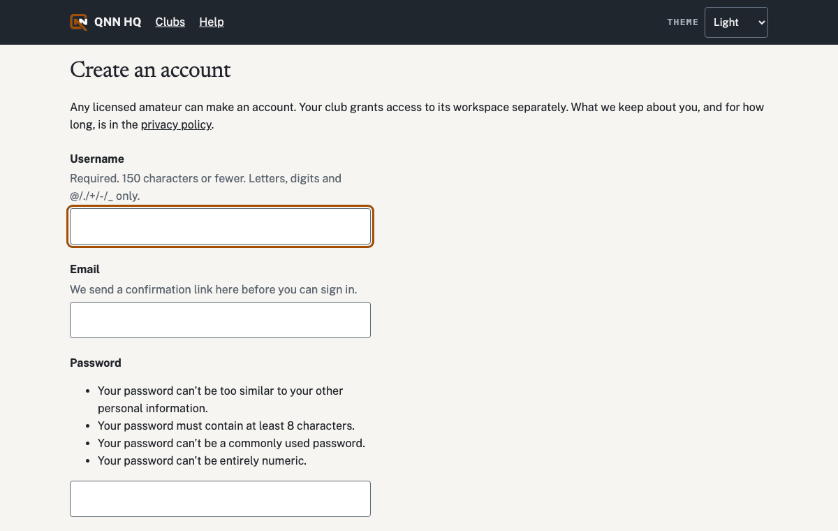 The create-an-account form asking for callsign, grid square, email and a password