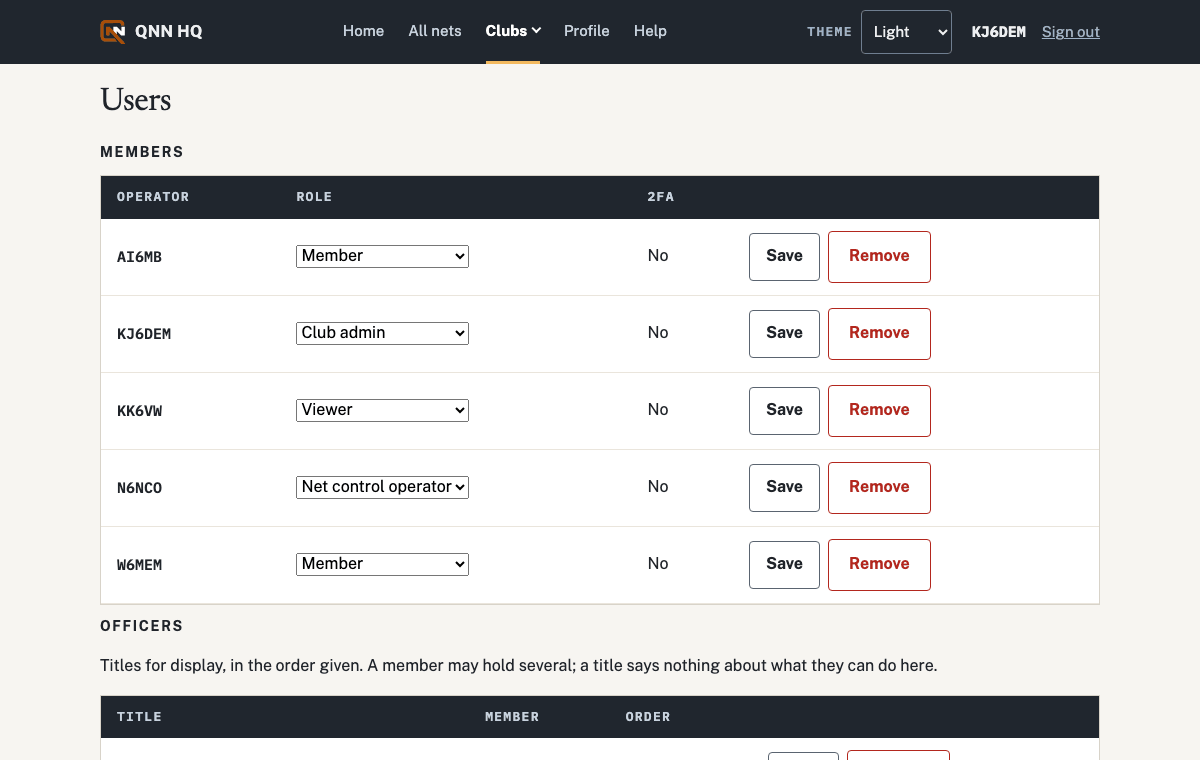 The club's Users page: members with their roles and pending invites